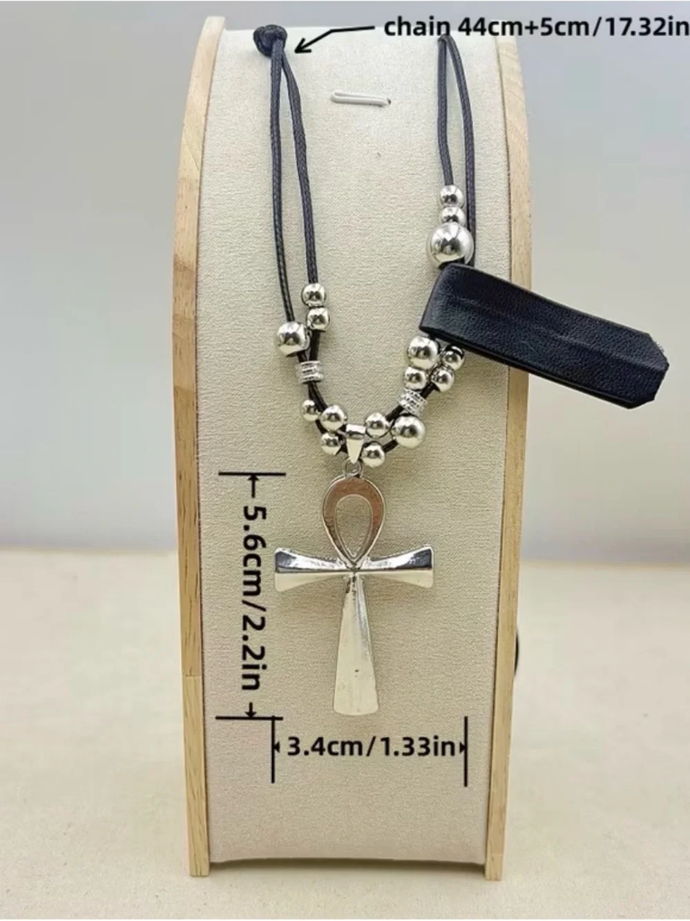 Black Leather Cord Necklace with Silver Ankh and Bead Accents